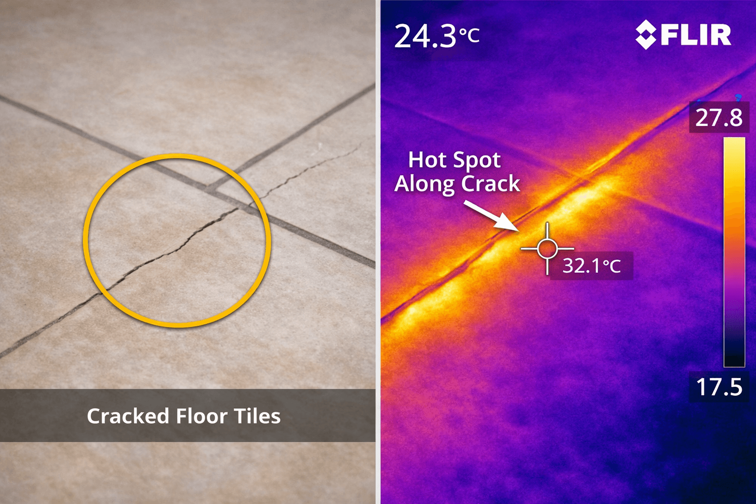 Cracked floor tiles with thermal scan overlay