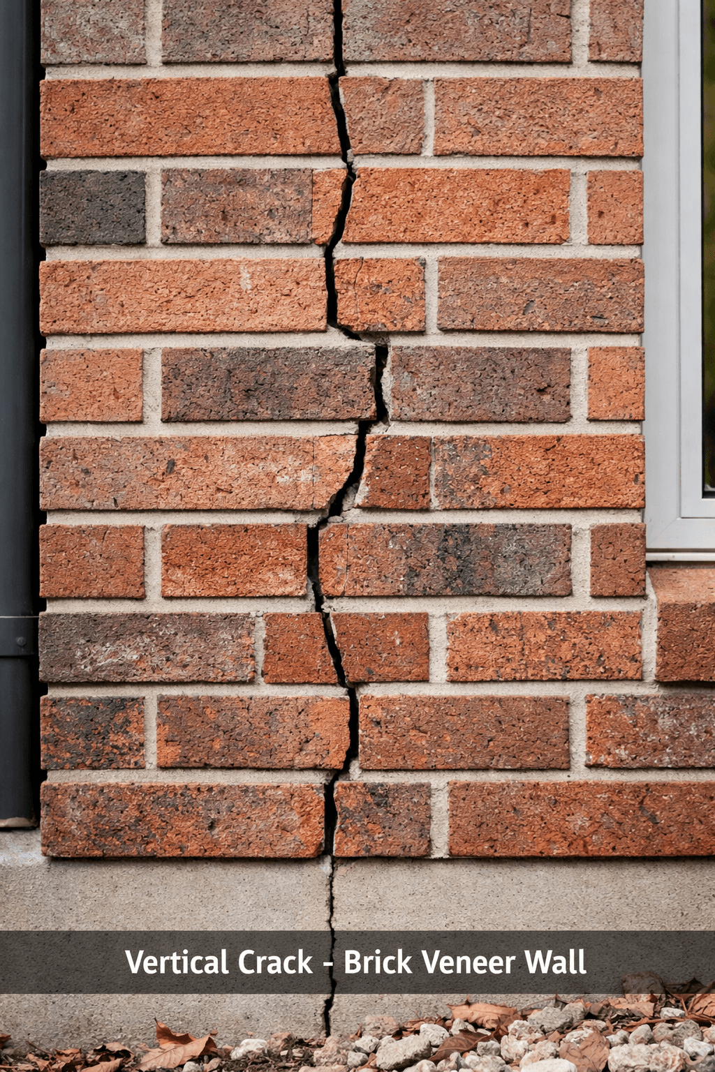 Vertical crack in brick veneer wall